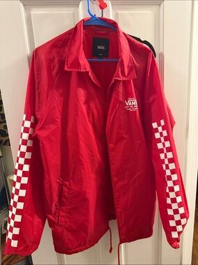 Vans Red Jacket with White Checkerboard Sleeves windbreaker